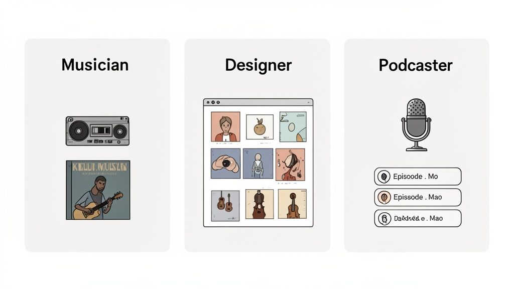 Three cards illustrating professions: Musician with music gear, Designer with a creative gallery, and Podcaster with a microphone and episodes.
