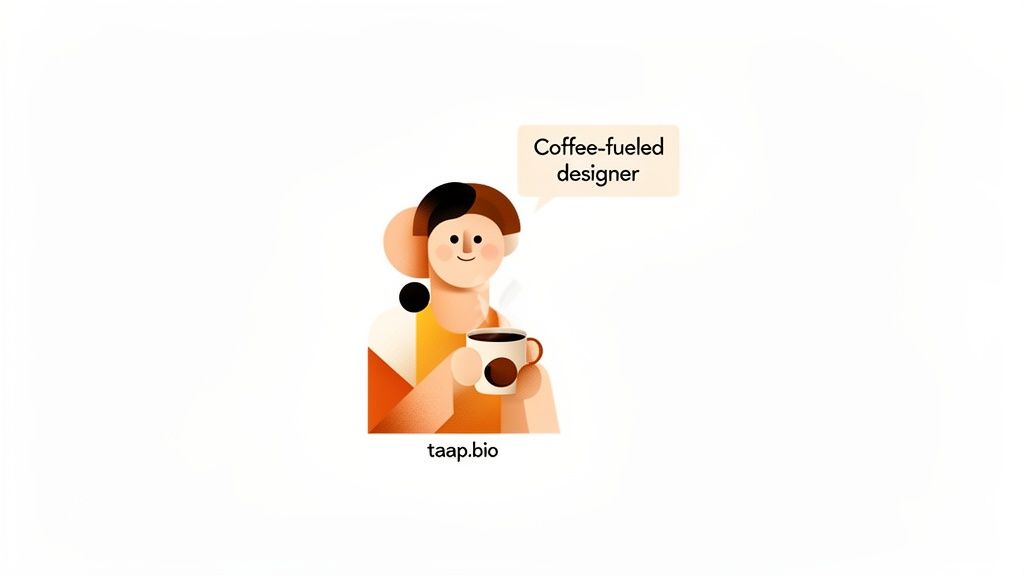Illustration of a coffee-fueled designer holding a steaming mug, with 'taap.bio' below.