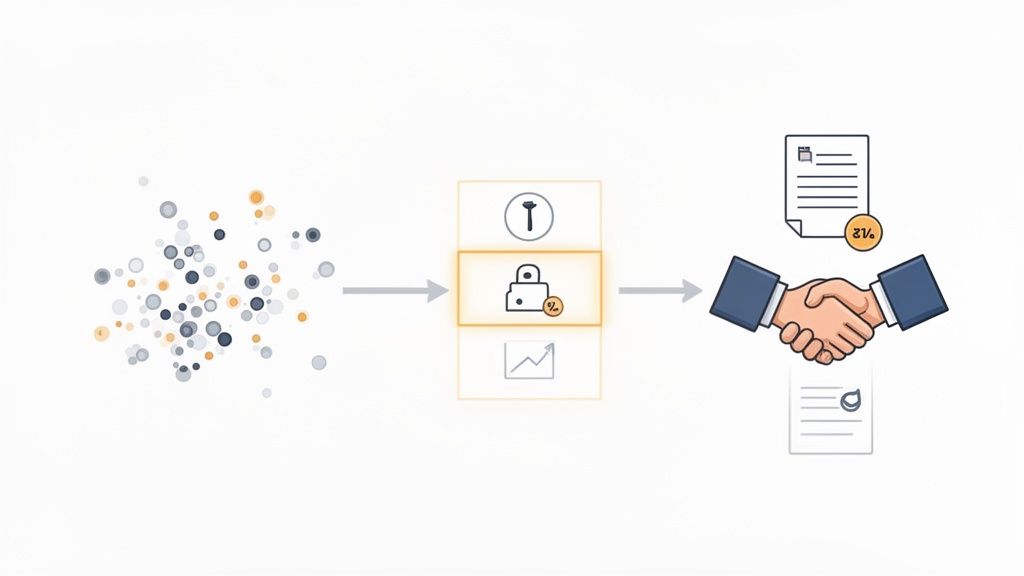 Diagramme montrant le traitement sécurisé de données (cadenas avec pourcentage) menant à un accord commercial avec documents.