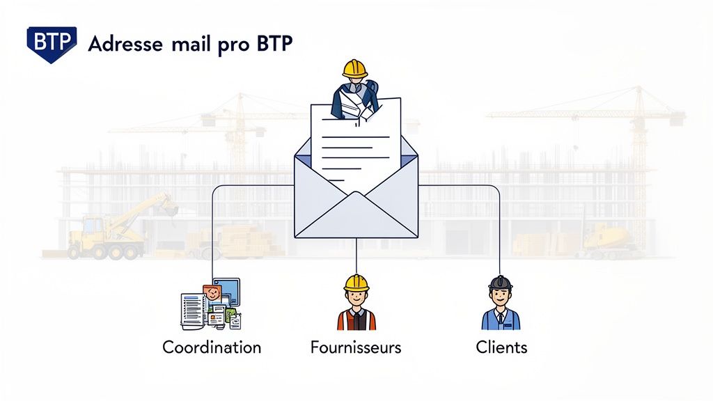 Image montrant un e-mail BTP professionnel envoyé par un ouvrier aux équipes de coordination, fournisseurs et clients.