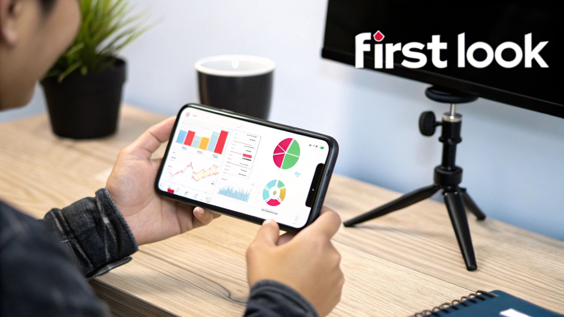 Person holding a smartphone displaying a data analytics dashboard with various charts and graphs.