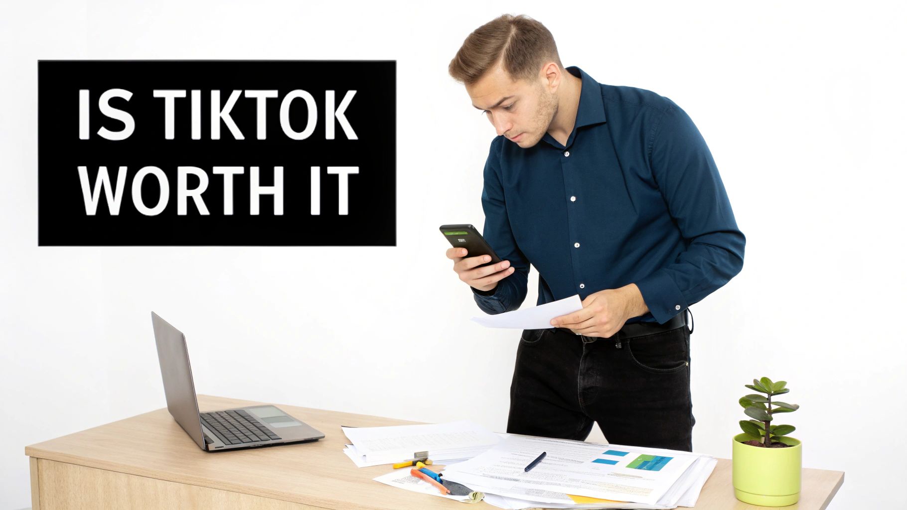 A man in a blue shirt evaluates whether TikTok is worth it, looking at his phone and documents.