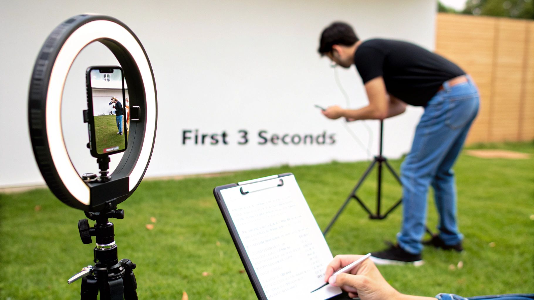 A ring light and smartphone record an outdoor video, with a person noting ideas.