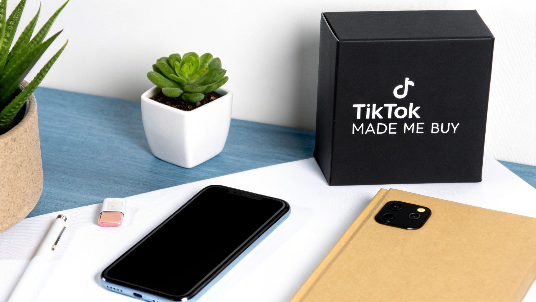 A flat lay showcasing a black TikTok 'Made Me Buy' box, smartphone, succulents, and office items on a desk.