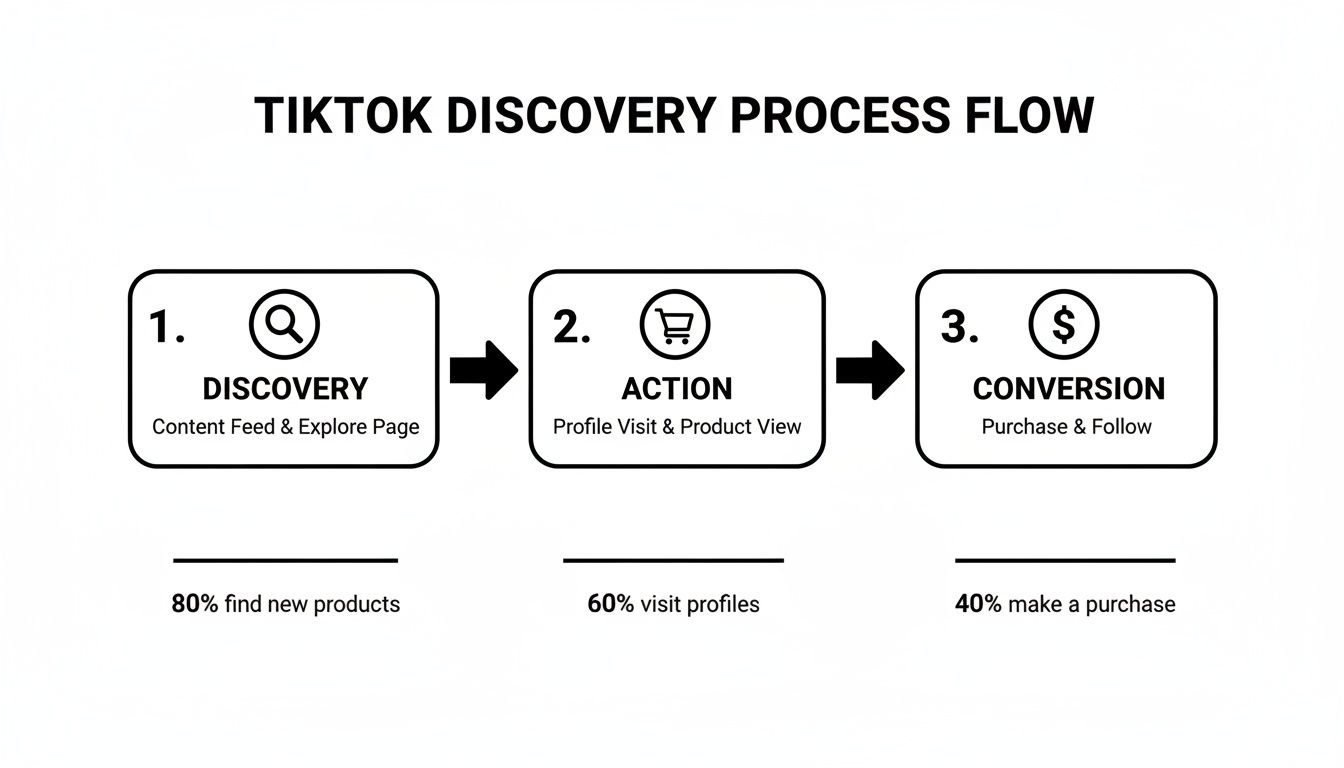 Diagram illustrating the TikTok discovery process flow: Discovery, Action, and Conversion with engagement metrics.