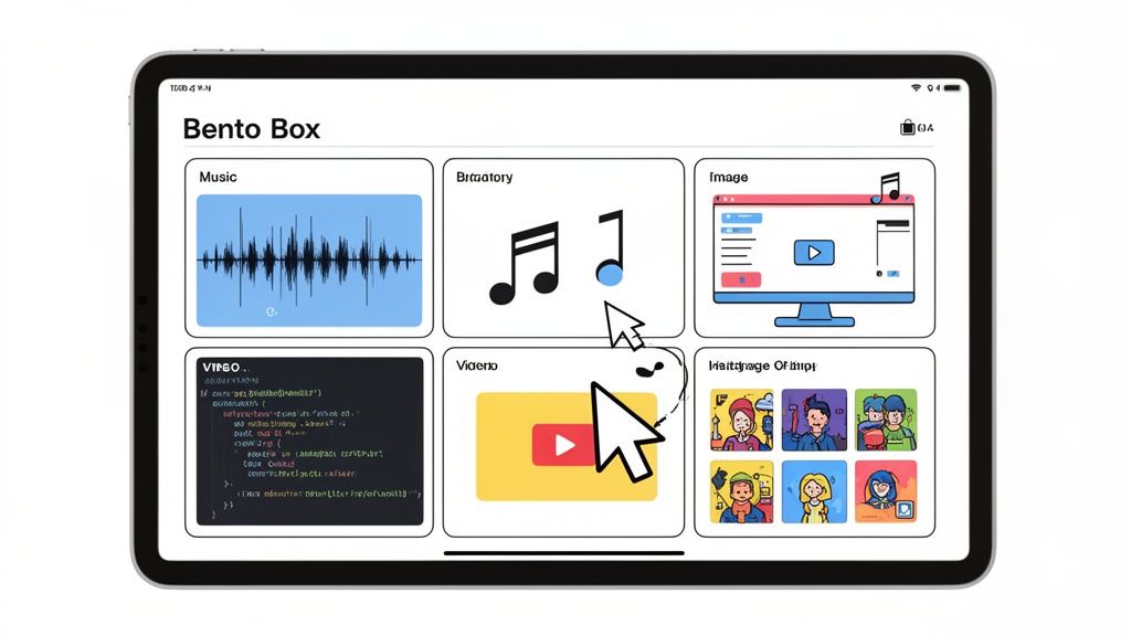 A tablet displaying a 'Bento Box' app interface with music, image, video, and social content sections.