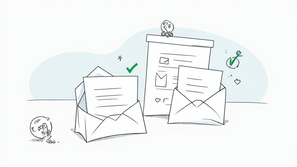 Illustration de dessins animés montrant des lettres et des e-mails avec des coches vertes, suggérant la gestion de la communication.