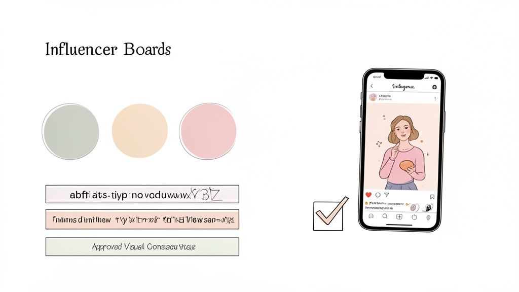A presentation slide displaying influencer boards with color palettes, abstract text, and an Instagram post mock-up.