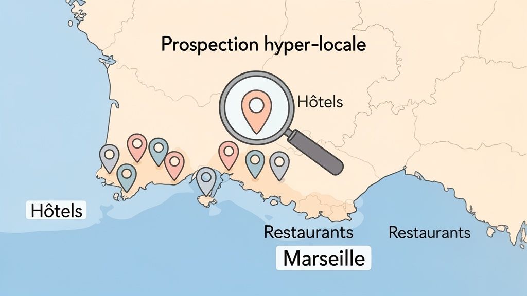 Carte du sud de la France montrant des hôtels et restaurants, avec une loupe pour la prospection hyper-locale.