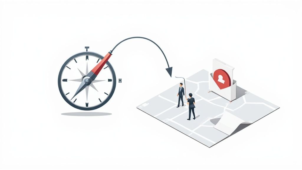 Une boussole guide deux personnes sur une carte vers un marqueur de localisation rouge.