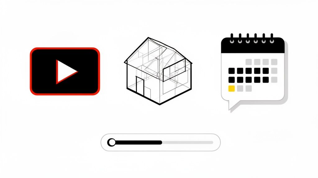 A collection of digital icons featuring a YouTube play button, wireframe house, calendar, and a slider.