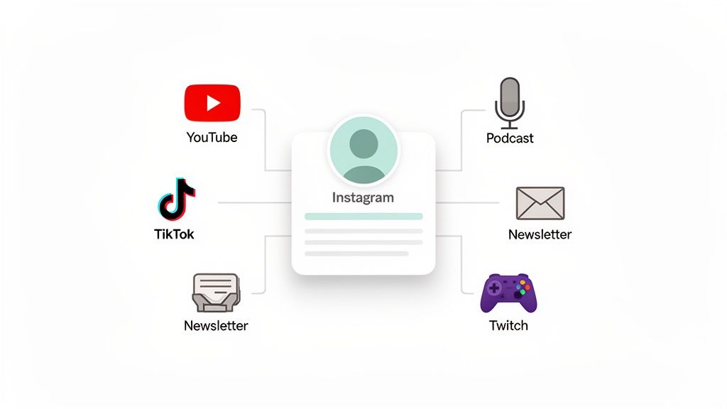 A diagram showing an Instagram profile connected to YouTube, TikTok, Podcast, two Newsletters, and Twitch.