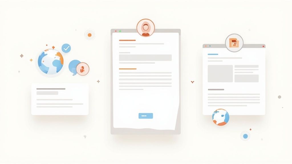 Illustration numérique de formulaires, documents, icônes de profil, globe et bulles de discussion, évoquant la gestion en ligne et la communication internationale.