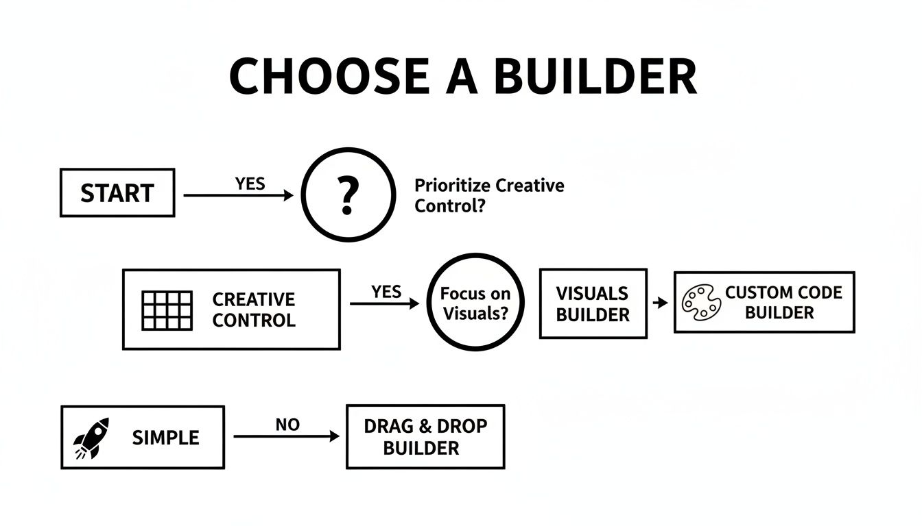 Flowchart guiding the selection of a website builder based on creative control and visual focus.