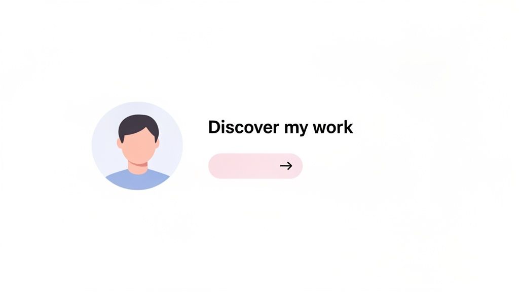 A minimalist digital interface featuring a profile icon, 'Discover my work' text, and a pink navigation button.