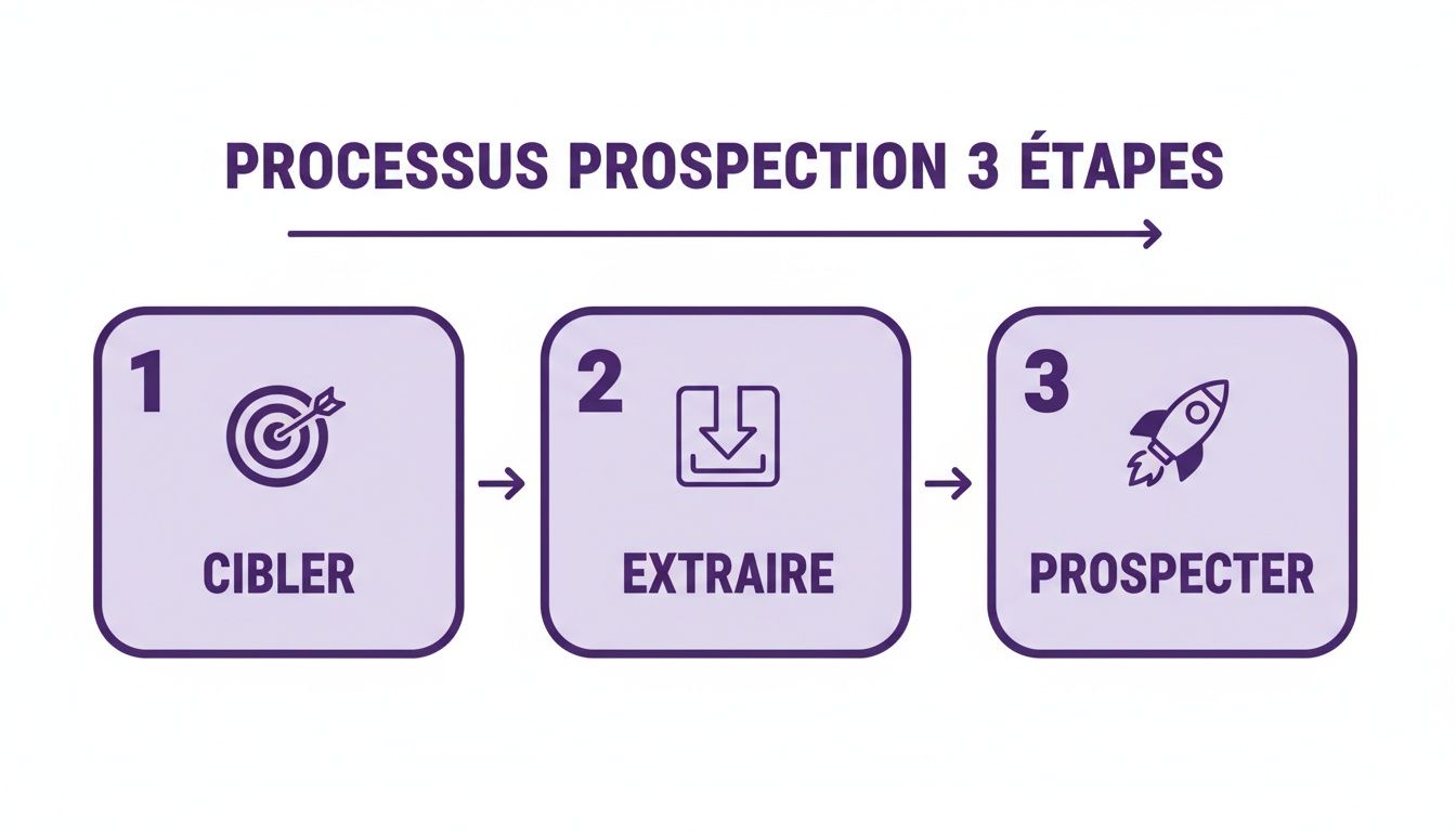 Diagramme simple décrivant un processus de prospection en trois étapes: cibler, extraire et prospecter.