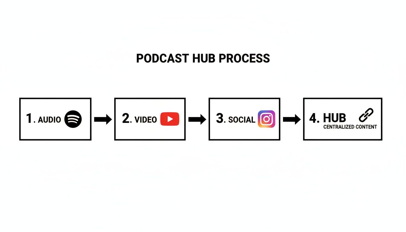 Flowchart illustrating the podcast content distribution process through audio, video, social media, and a centralized hub.