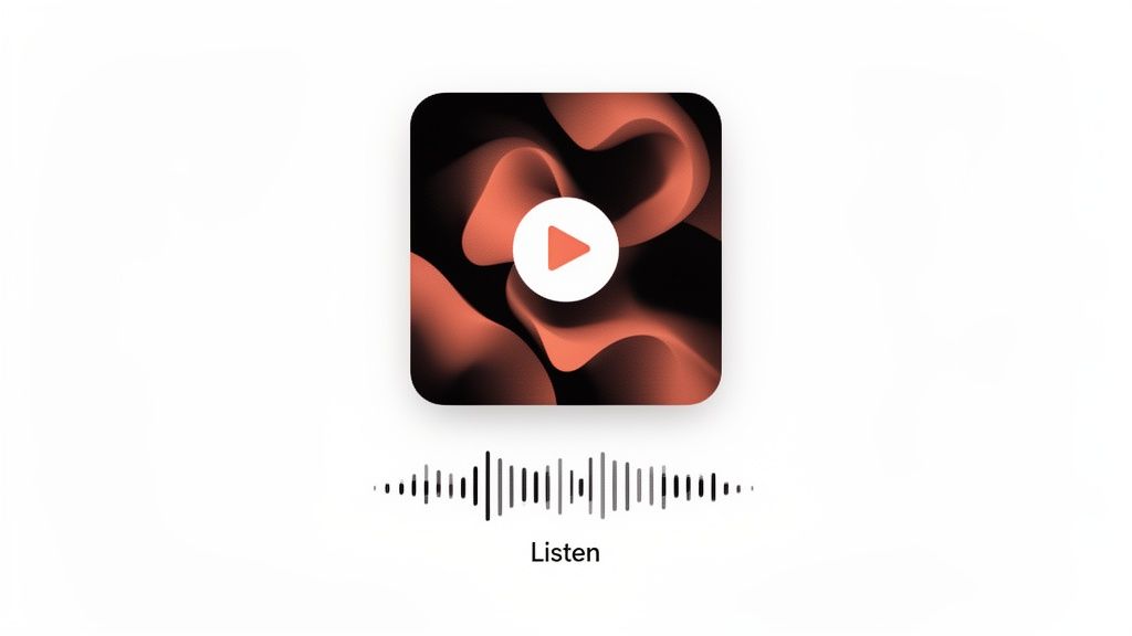 Digital play icon over abstract coral and black background, with audio waveform and 'Listen' text.