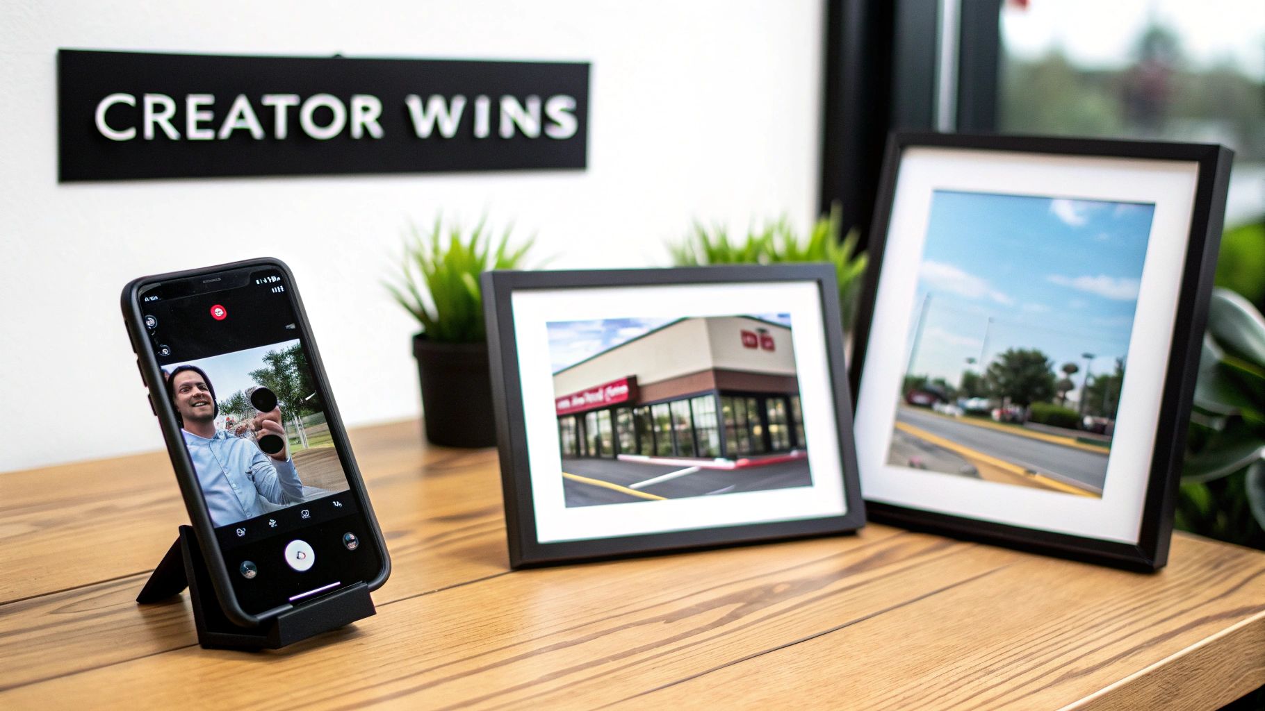 A phone on a stand displays a man taking a selfie, next to framed photos and a "CREATOR WINS" sign.