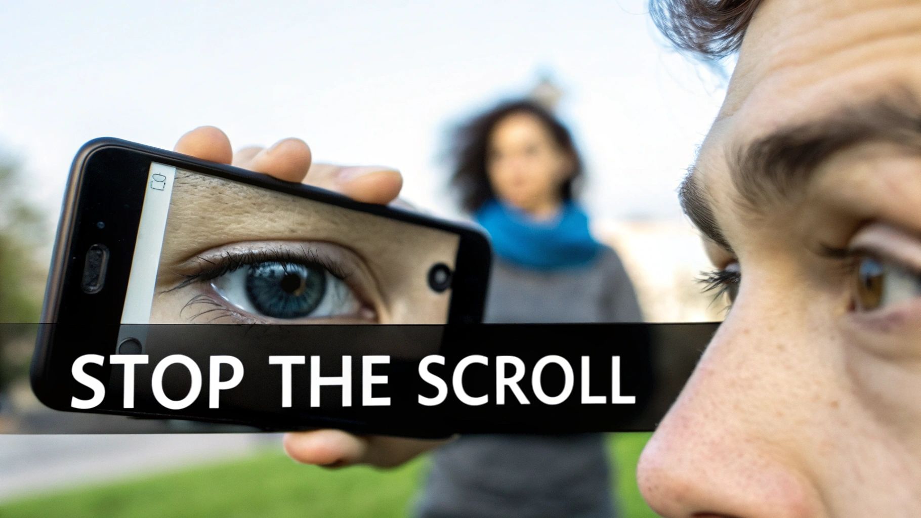 Close-up of a person holding a smartphone displaying an eye, with 'STOP THE SCROLL' text overlay.
