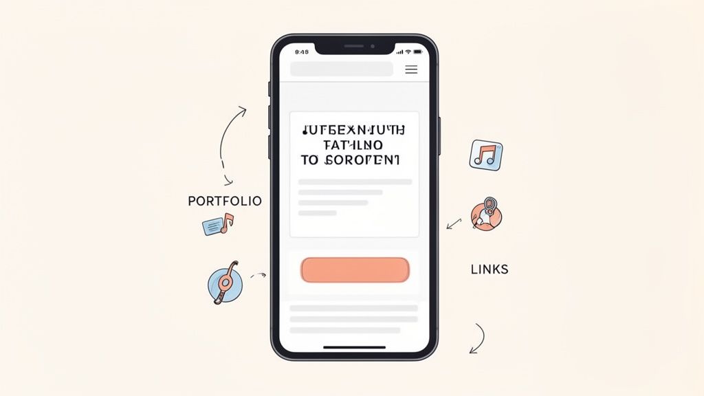 A smartphone displays a website with hand-drawn icons illustrating portfolio, links, and content sections.