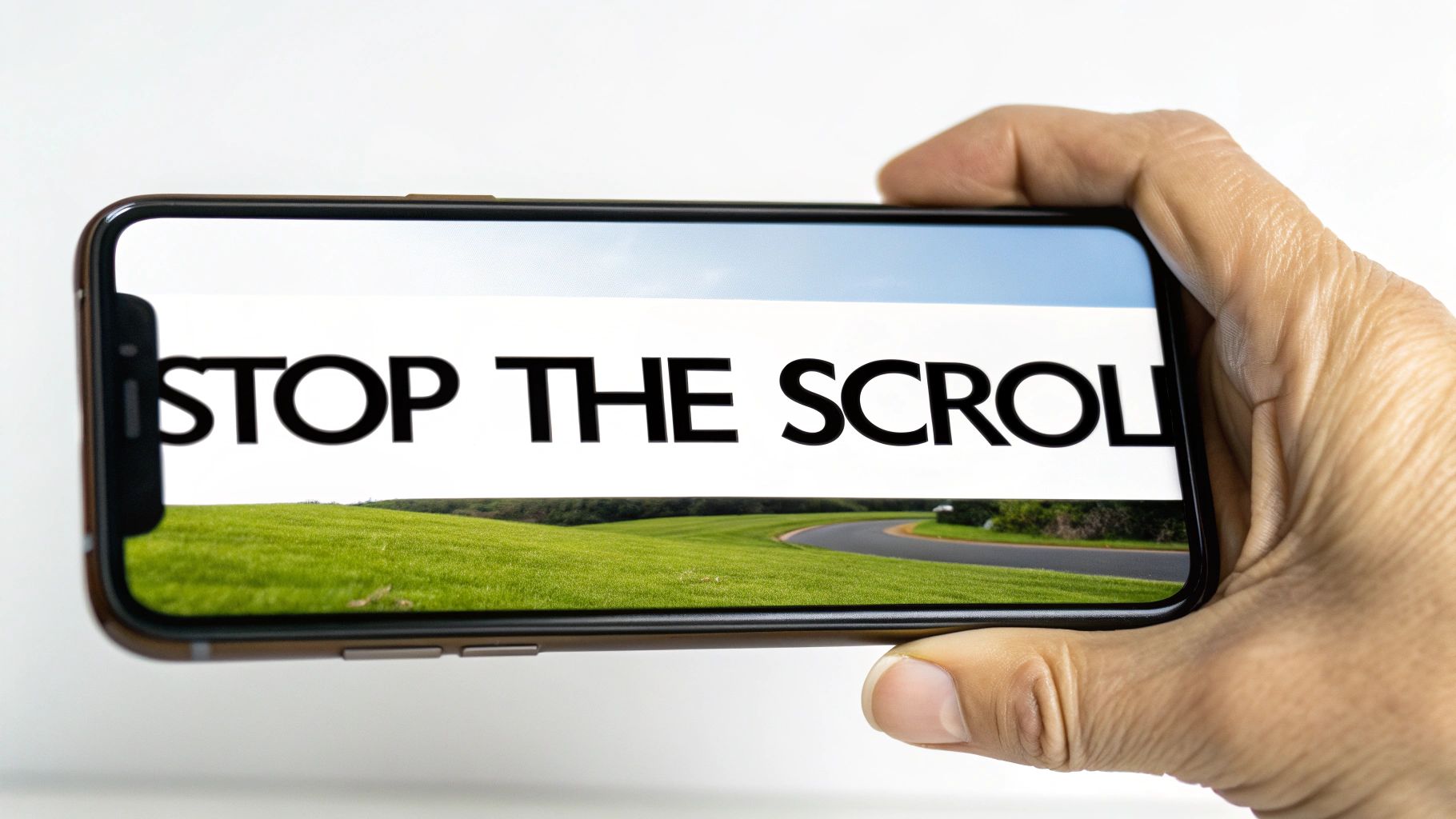 A person's hand holding a smartphone displaying "STOP THE SCROLL" against a scenic landscape.