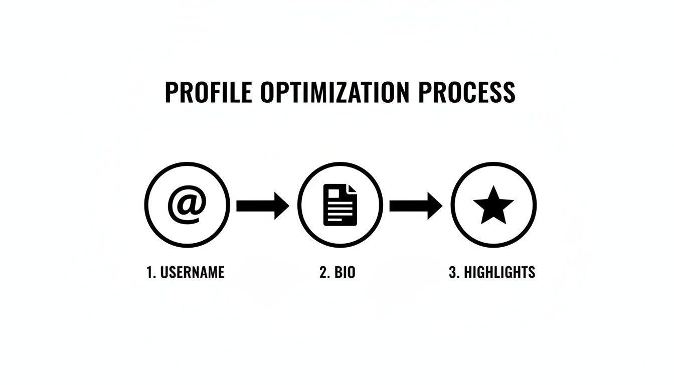 Diagram illustrating the profile optimization process with steps: Username, Bio, and Highlights.