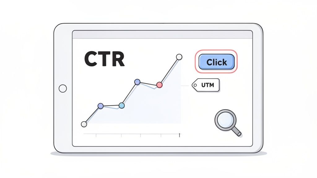 A tablet displays a rising CTR graph, a 'Click' button, 'UTM' tag, and a magnifying glass for web analytics.