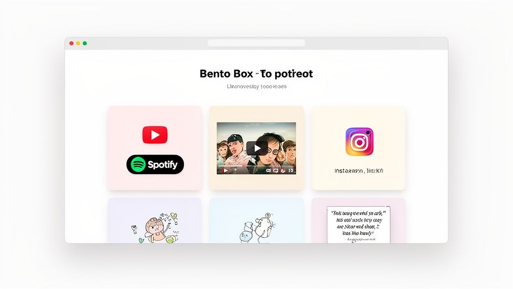 A web browser displaying a 'Bento Box' layout with various content links including YouTube, Spotify, Instagram, and illustrations.