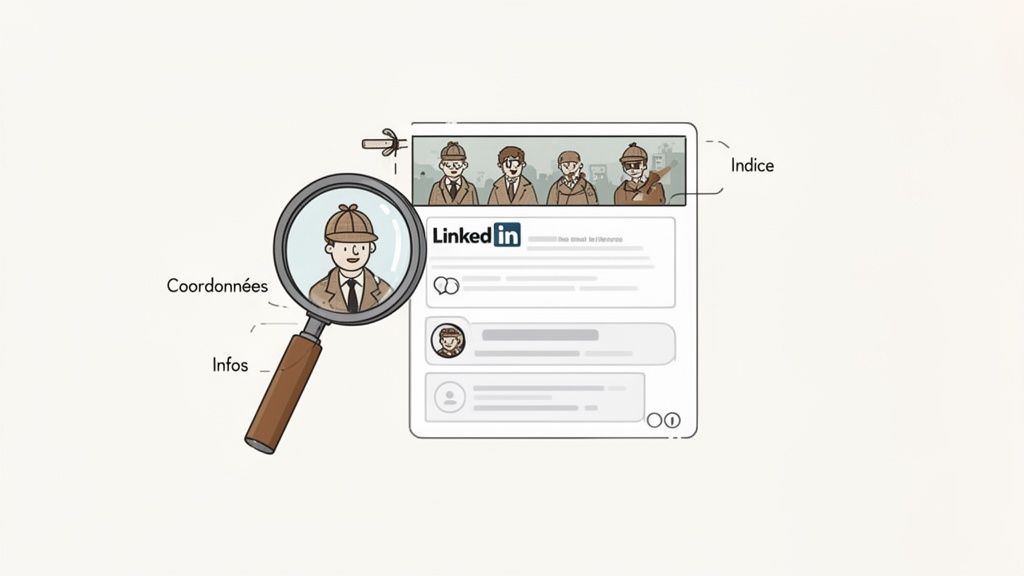 Illustration d'une loupe analysant un profil LinkedIn, mettant en évidence les coordonnées et les informations.