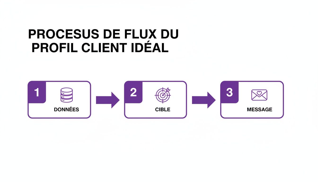 Diagramme de processus en trois étapes pour le profil client idéal: données, cible, et message. Les étapes sont numérotées 1, 2 et 3.