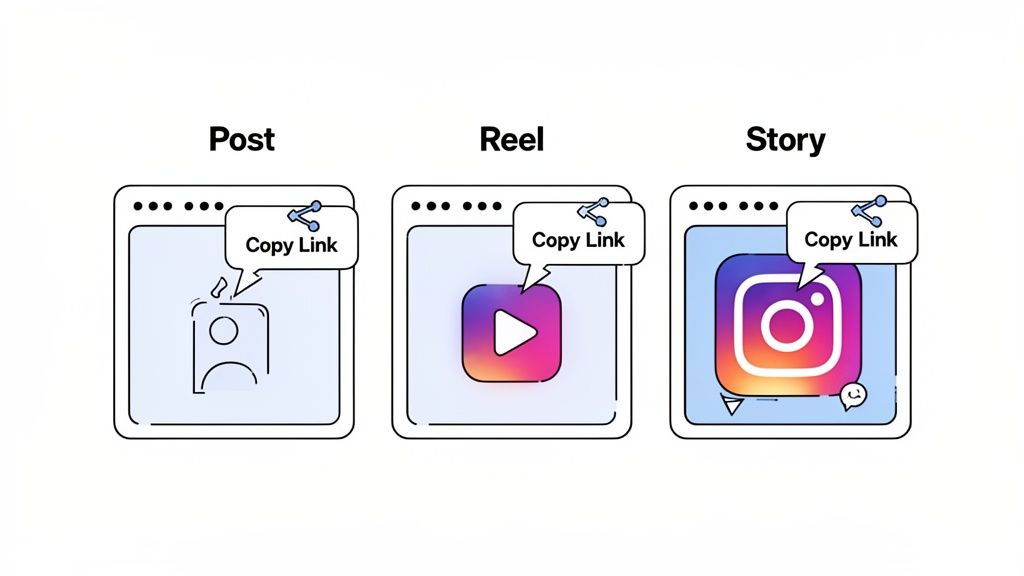 Illustrations showing how to copy shareable links for Instagram Posts, Reels, and Stories.