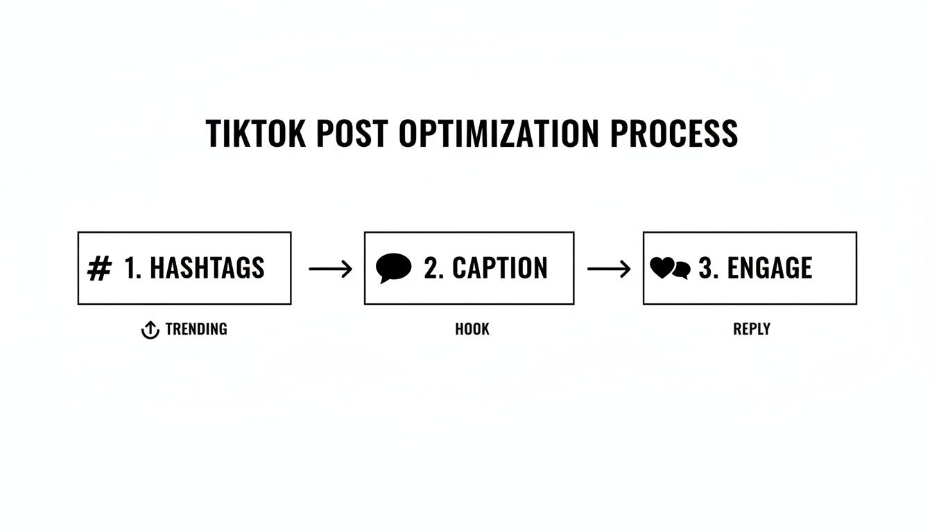 Flowchart outlining the TikTok post optimization process with steps for hashtags, captions, and engagement.