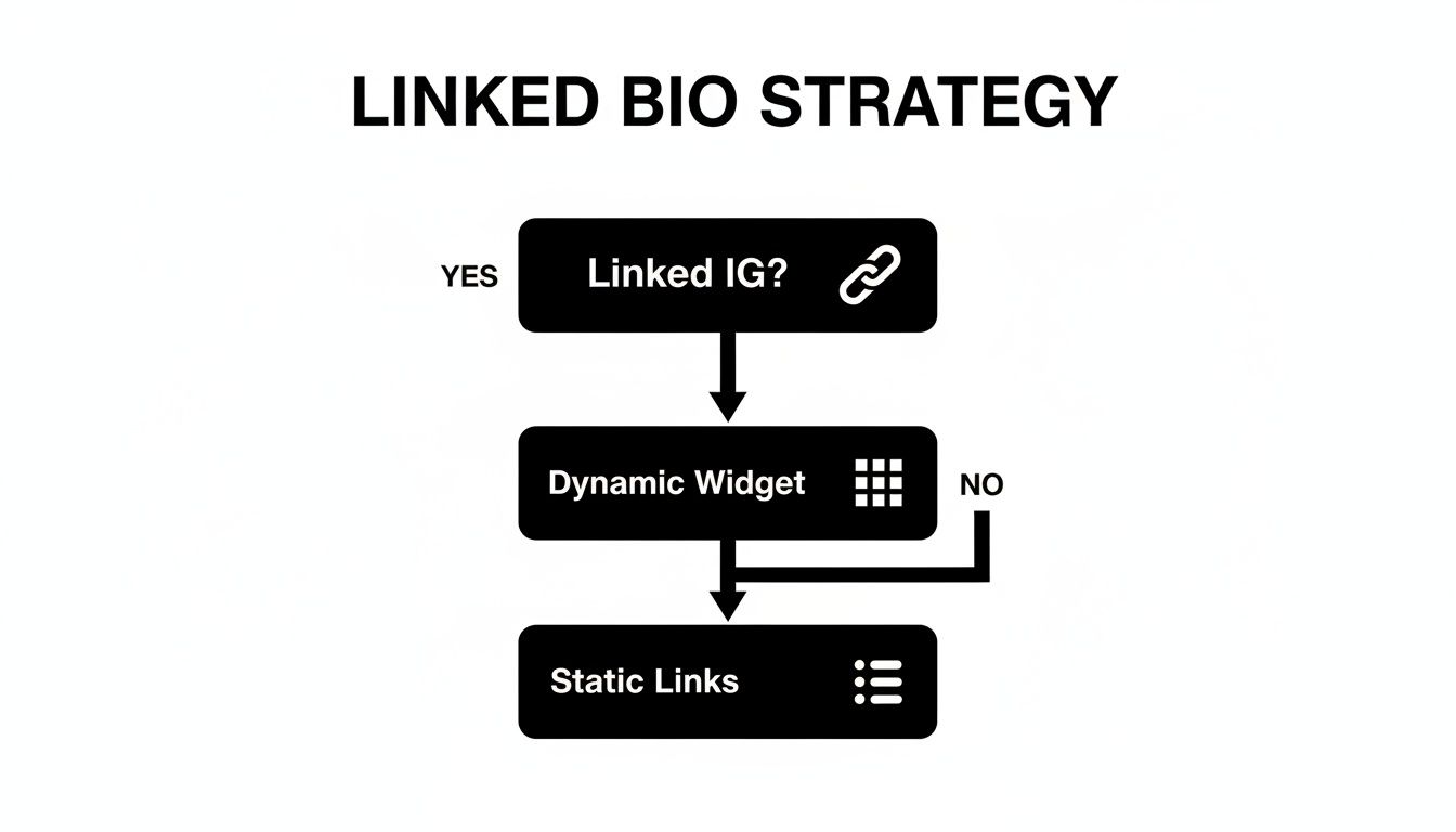 Flowchart outlining a linked bio strategy, starting with a question about a linked Instagram.