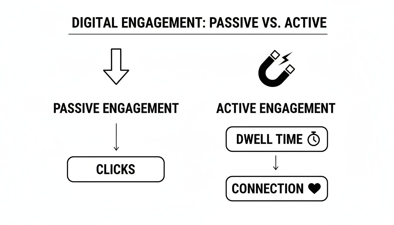 A diagram comparing passive and active digital engagement, showing clicks versus dwell time and connection.