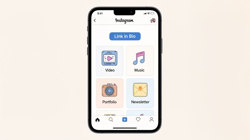 Smartphone displaying Instagram 'Link in Bio' options for video, music, portfolio, and newsletter.