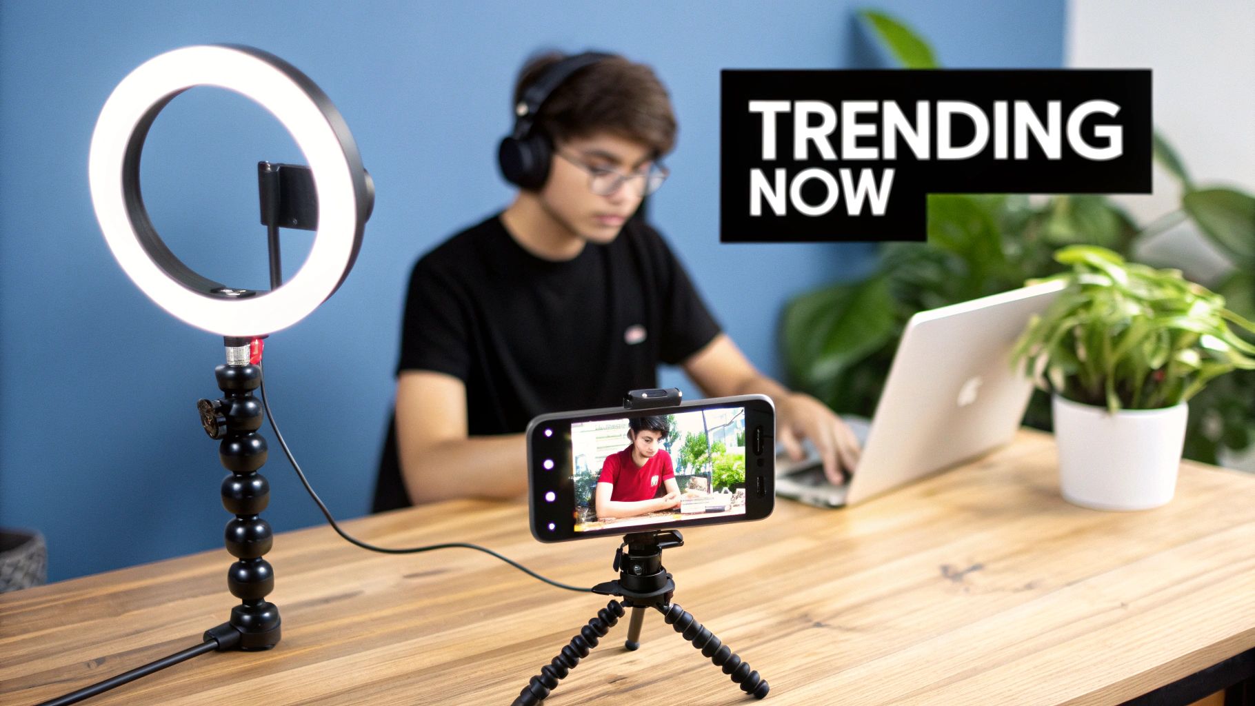 A young man creating content with a ring light, smartphone on a tripod, and laptop.