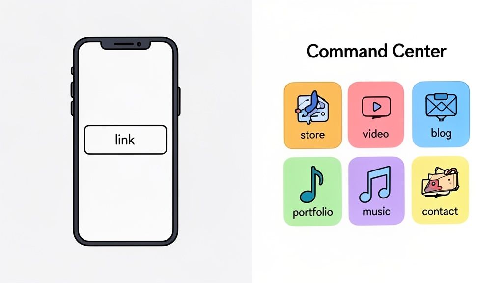 A smartphone showing a 'link' button next to a 'Command Center' with multiple app icons like store, video, and blog.