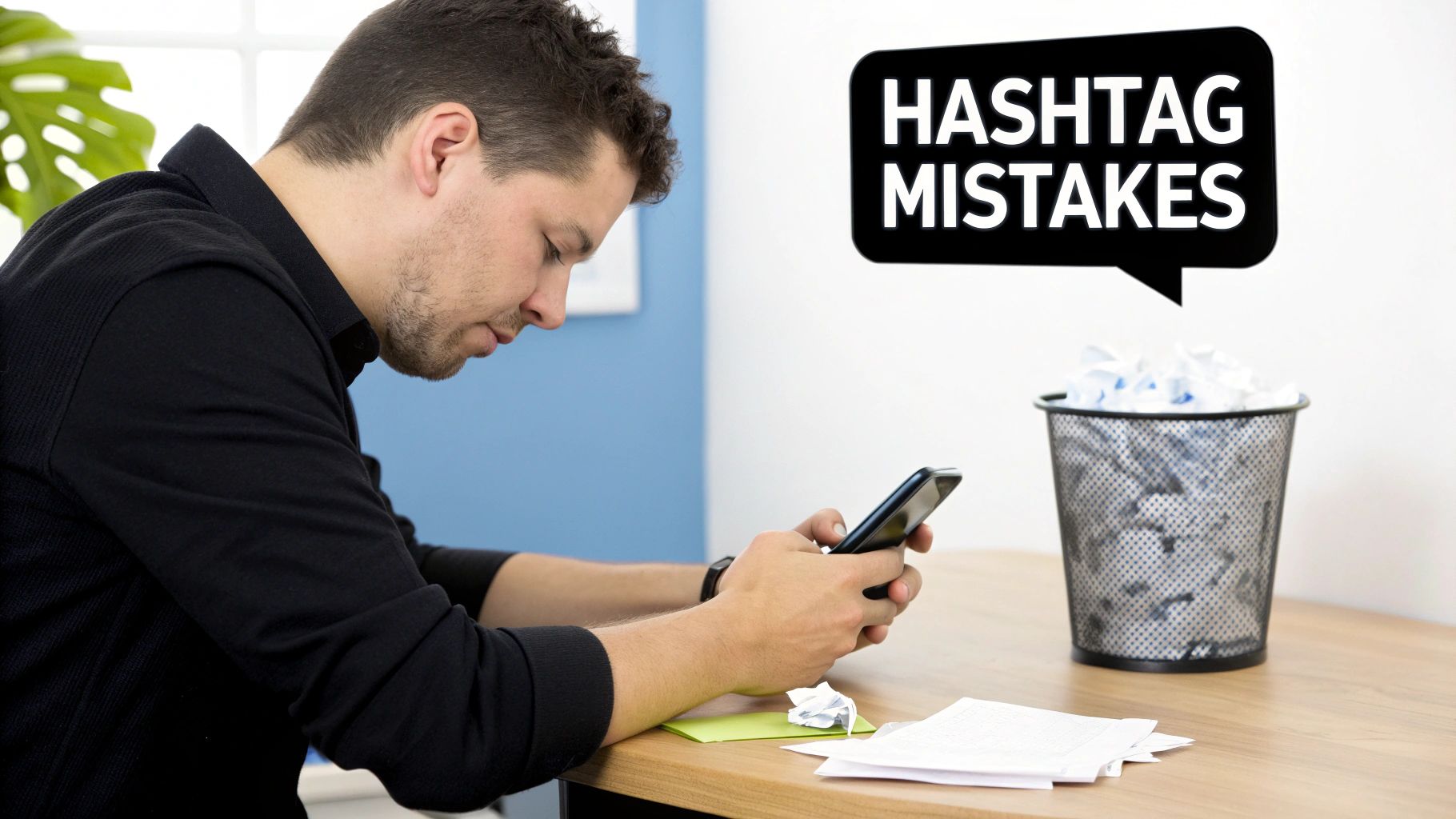 A man intently looking at his smartphone, next to a speech bubble saying 'HASHTAG MISTAKES' and a trash can full of crumpled paper.
