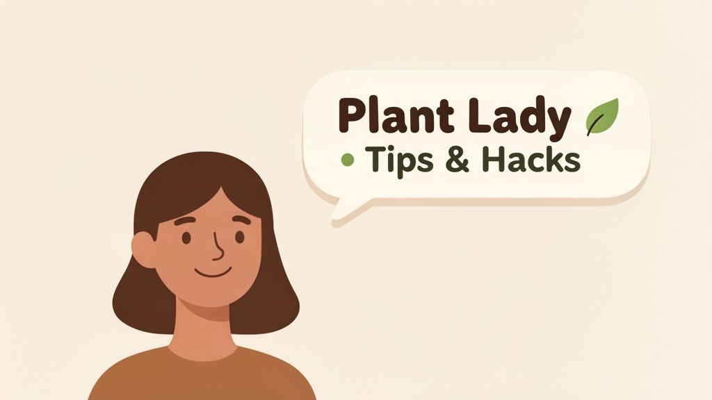 A smiling cartoon woman next to a speech bubble saying 'Plant Lady Tips & Hacks' with a leaf icon.