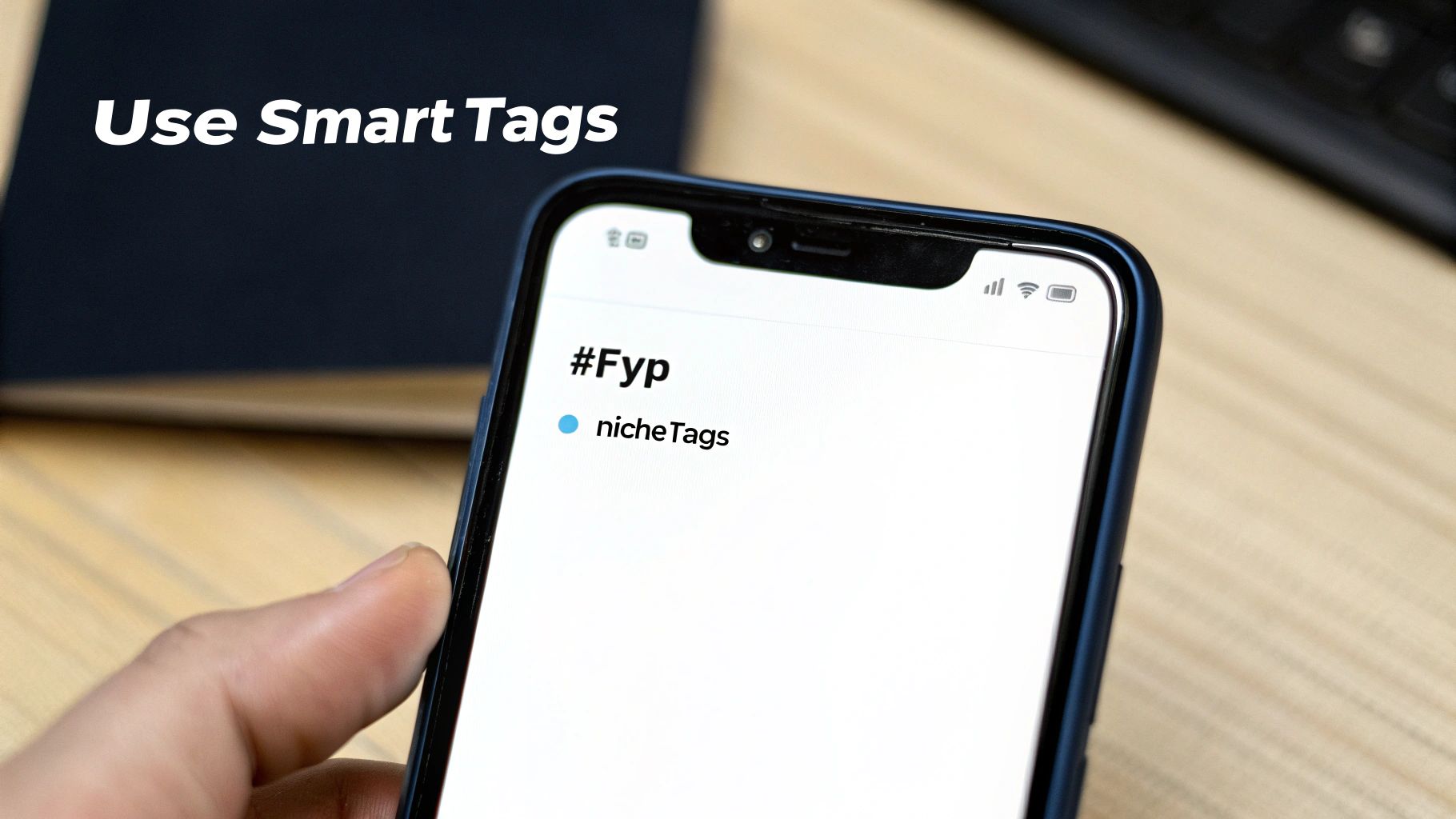 A hand holds a smartphone displaying '#Fyp' and 'nicheTags' with 'Use Smart Tags' overlaid.