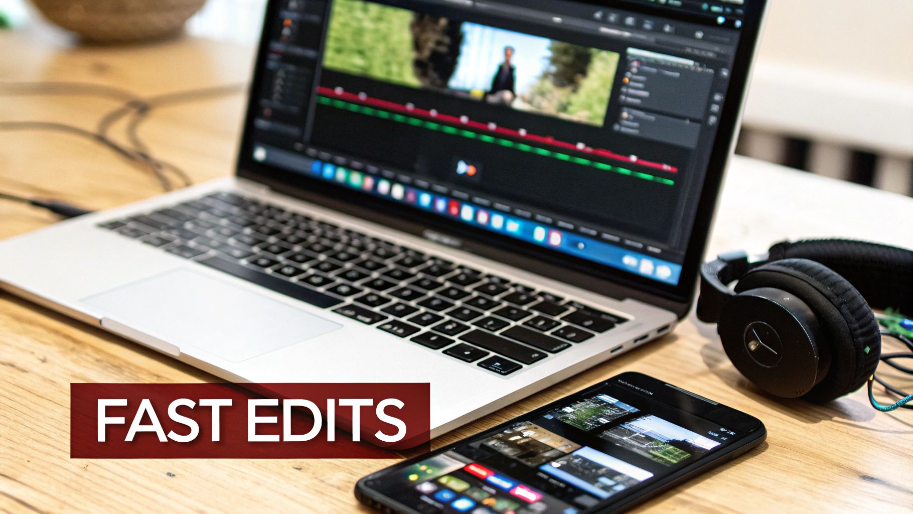 A laptop running video editing software showing 'FAST EDITS' text, with headphones and a smartphone on a wooden desk.