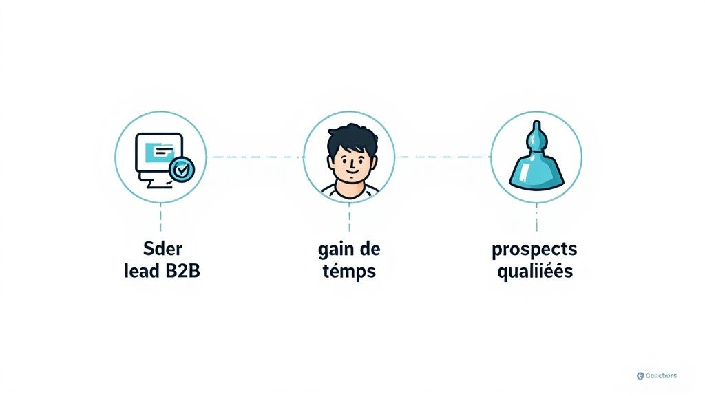 Personne travaillant sur un ordinateur portable avec des icônes de réseau et d'automatisation flottant autour