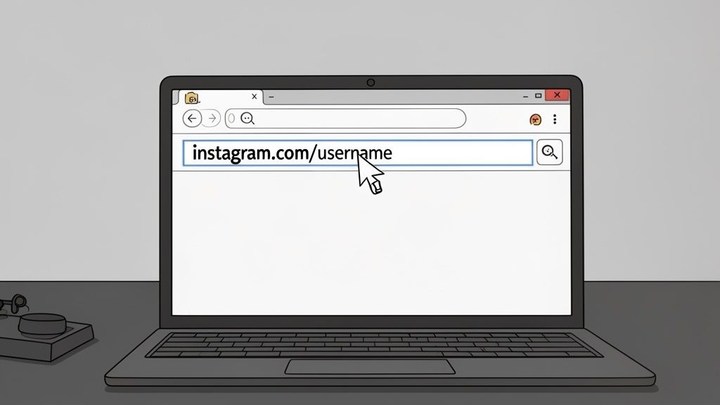 A laptop screen showing a web browser with 'instagram.com/username' typed in the address bar.