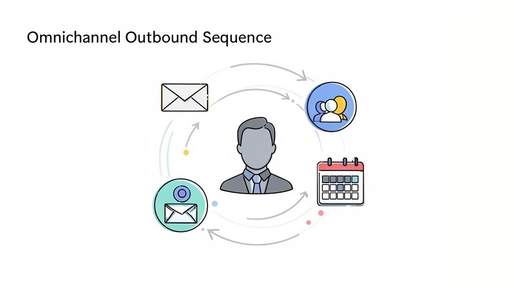 Séquence de communication omnicanal sortante centrée sur une personne, incluant e-mail, réseaux sociaux et calendrier.