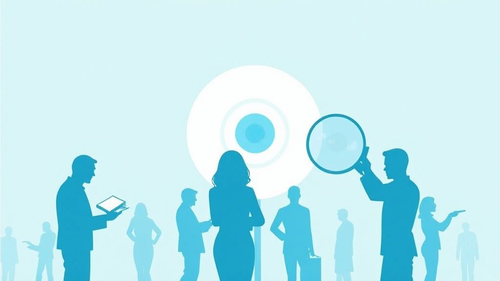 Des silhouettes de personnes, un homme avec une loupe et une femme devant une cible, symbolisant la prospection commerciale.