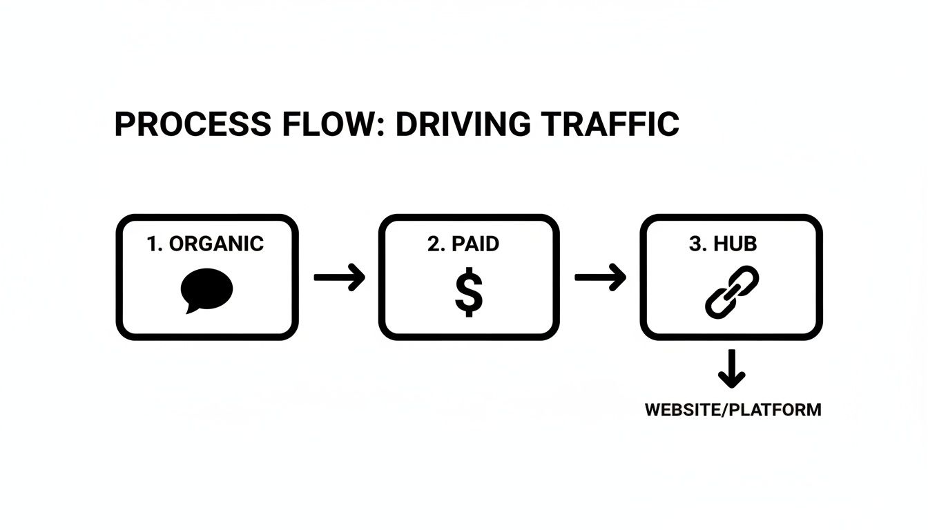 A process flow diagram illustrates steps for driving traffic: Organic, Paid, and Hub leading to a Website/Platform.