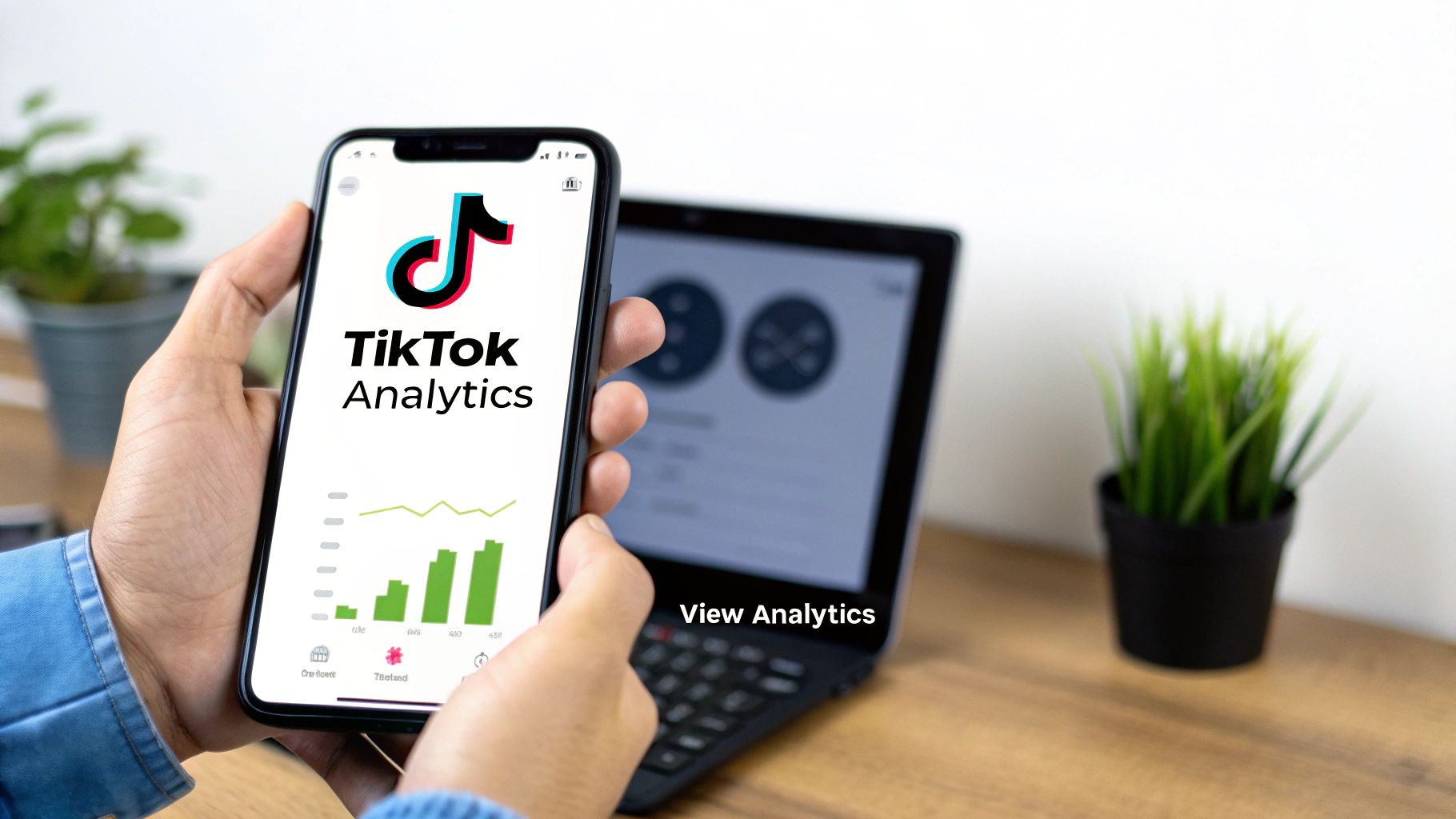 Hands holding a smartphone displaying TikTok Analytics data with a performance graph and logo.