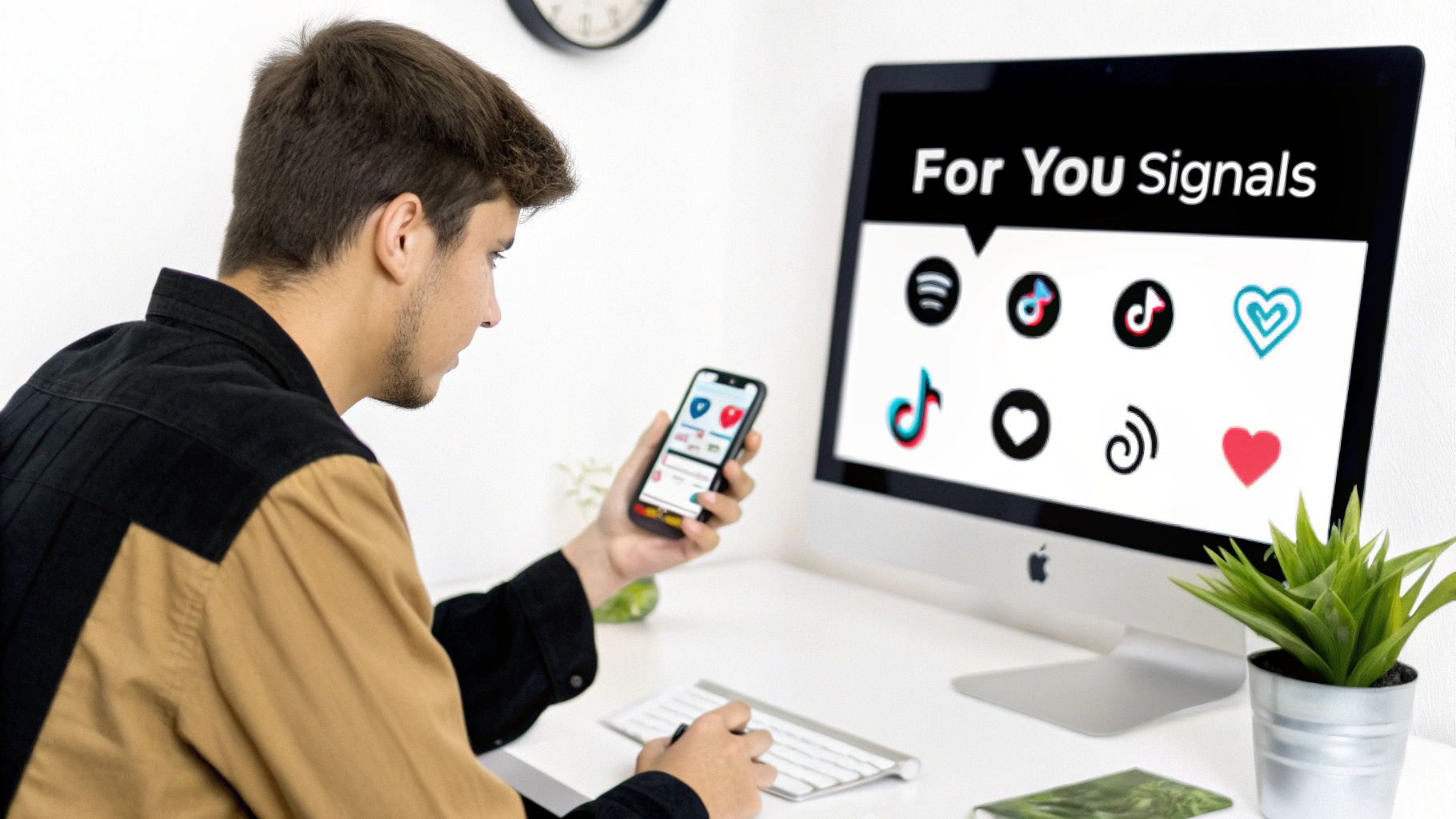 Young man looking at his phone and computer screen showing 'For You Signals' with various social media app icons.