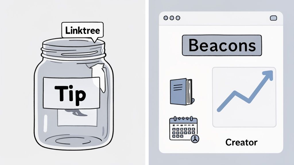 A visual comparison of Linktree as a tip jar and Beacons offering creator tools like analytics.